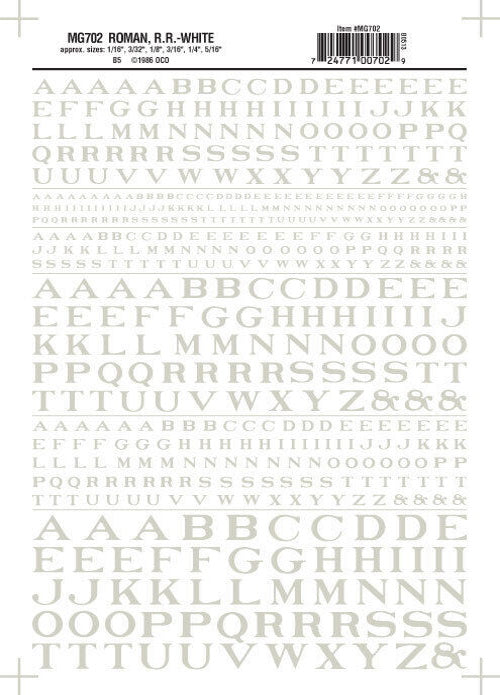 Woodland Scenics MG702 Roman R.R. Letters White 1/16-5/16" Train Decal Sheet.
