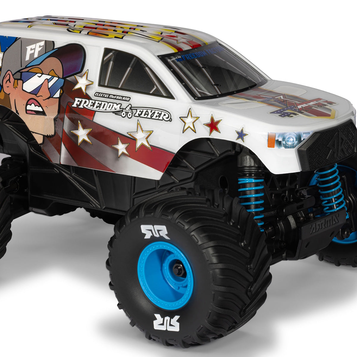 Arrma ARA2130FF 1/16 FREEDOM FLYER GROM 4X4 RTR Brushed Monster Truck, White.