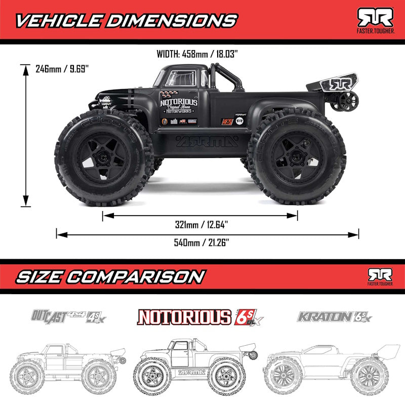 ARRMA - ARA8611V6T2 1/8 NOTORIOUS 6S V6 4X4 BLX Brushless Stunt Truck RTR, Black
