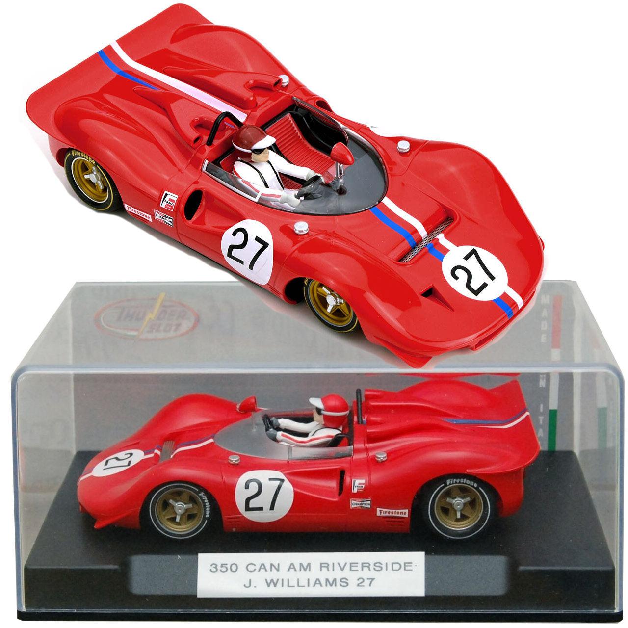 Red Ferrari 350 slot car racing on track, detailed classic model for collectors and racing enthusiasts.