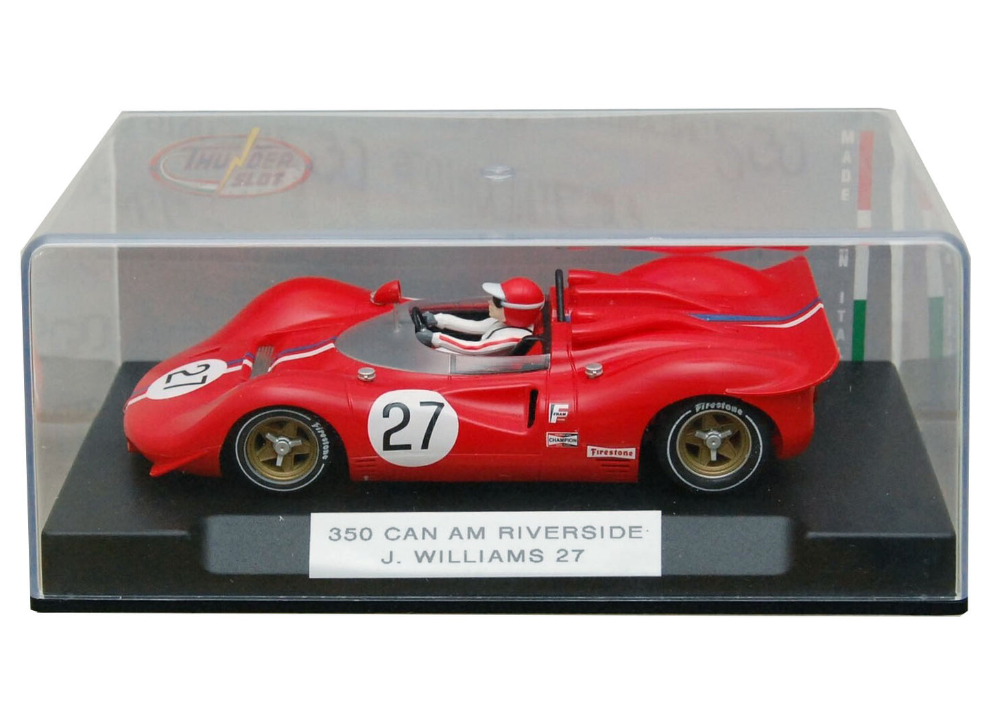 Red Ferrari 350 slot car racing on track, detailed classic model for collectors and racing enthusiasts.
