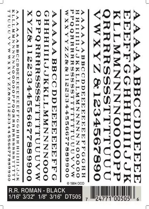 Woodland Scenics DT505 RR Roman Black Decals 1/16-3/16" Train Decal Sheet