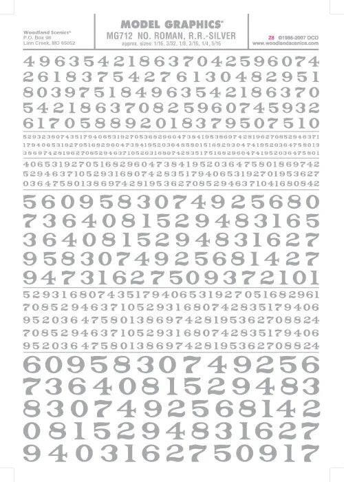 Woodland Scenics MG712 Roman Silver Numbers Dry Transfer Decals - PowerHobby