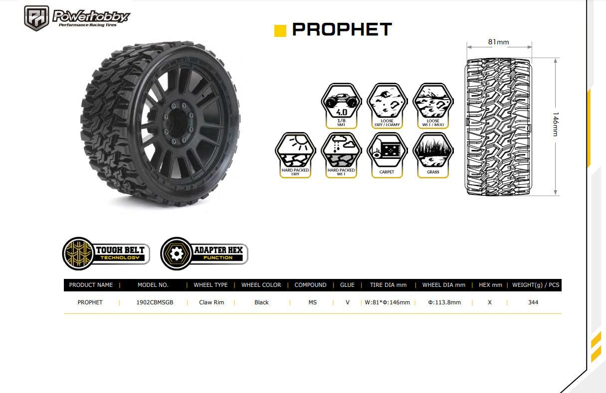 Powerhobby 1/8 MT 4.0 Prophet Belted Mounted Tires w Removable Hex Wheels (2) - PowerHobby