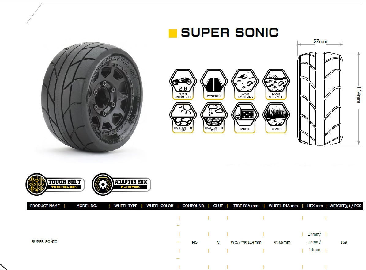 Powerhobby 1/10 2.8 ST Super Sonic Belted Tires (2) with Removable Hex Wheels - PowerHobby