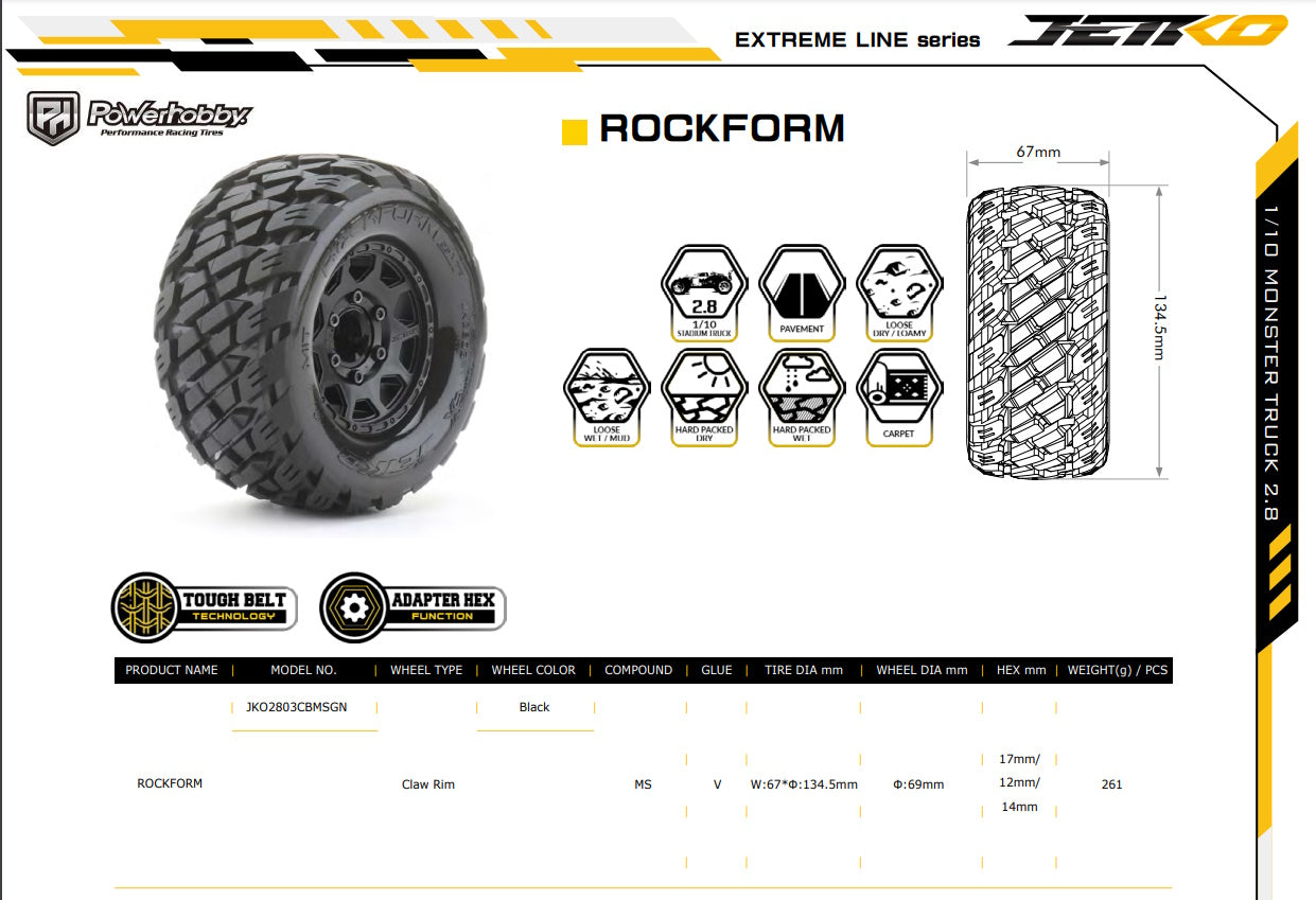 Powerhobby 1/10 2.8 MT Rockform Belted Tires (2) with Removable Hex Wheels - PowerHobby