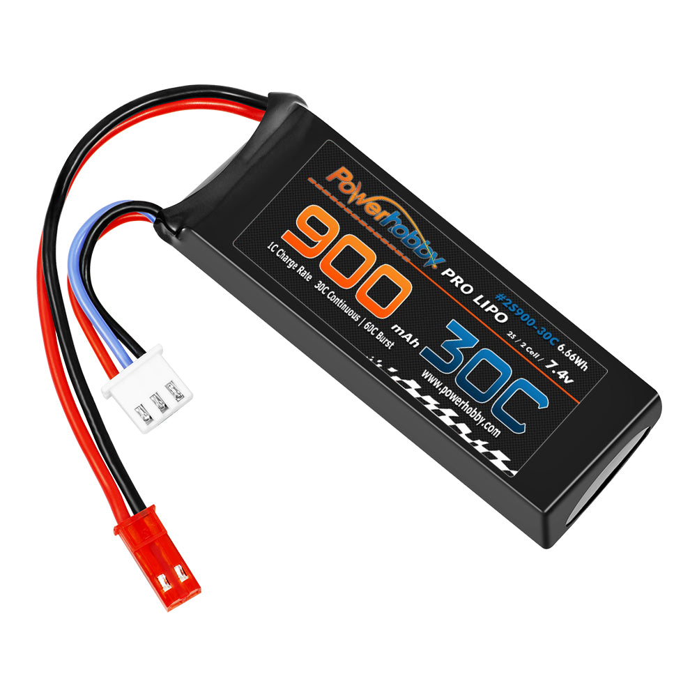 PowerHobby 2S 7.4V 900mAh 30C Lipo Battery w JST Connector 2-Cell