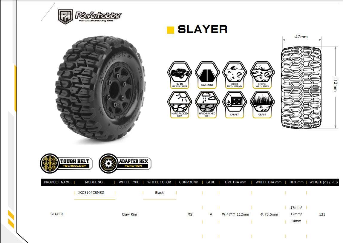 Powerhobby Slayer SC Belted Tires (2) with Removable Hex Wheels - PowerHobby