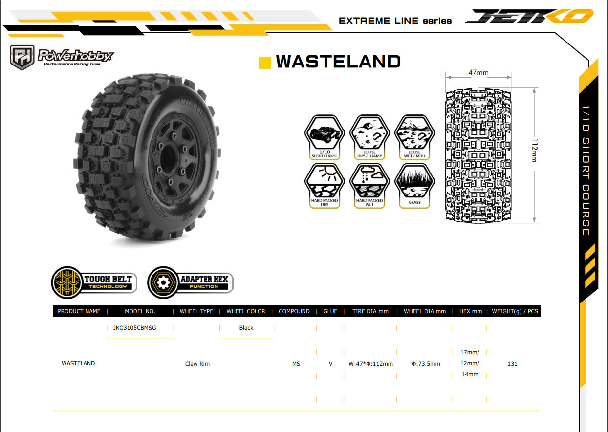Powerhobby WASTELAND SC Belted Tires (2) with Removable Hex Wheels - PowerHobby