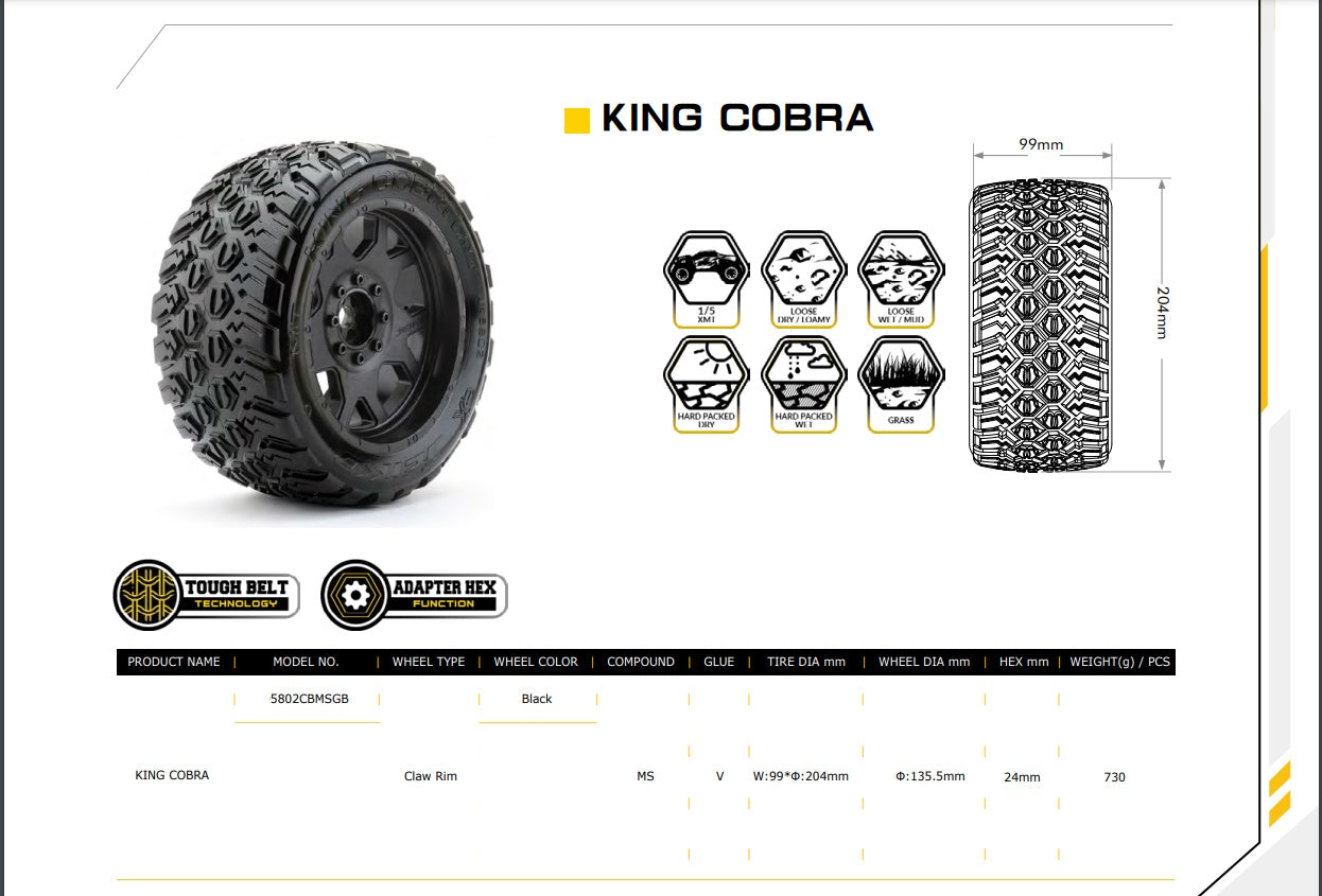 Powerhobby King Cobra 1/5 Belted Tires (2) FOR Traxxas X-Maxx Arrma Losi DBXL-E - PowerHobby