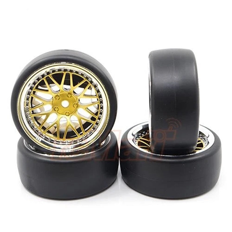 Yeah Racing WL-0099 Spec D LS Offset +6 Gold Silver Wheels w/Tires 4 1/10 Drift