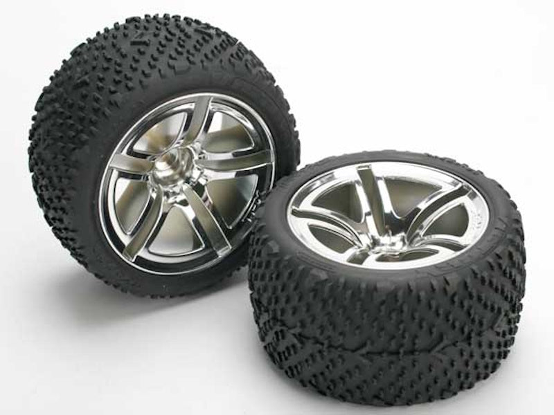 Traxxas 5573 Victory Tires w/Twin Spoke Rear Wheels (2) (Jato) (Chrome) Standard