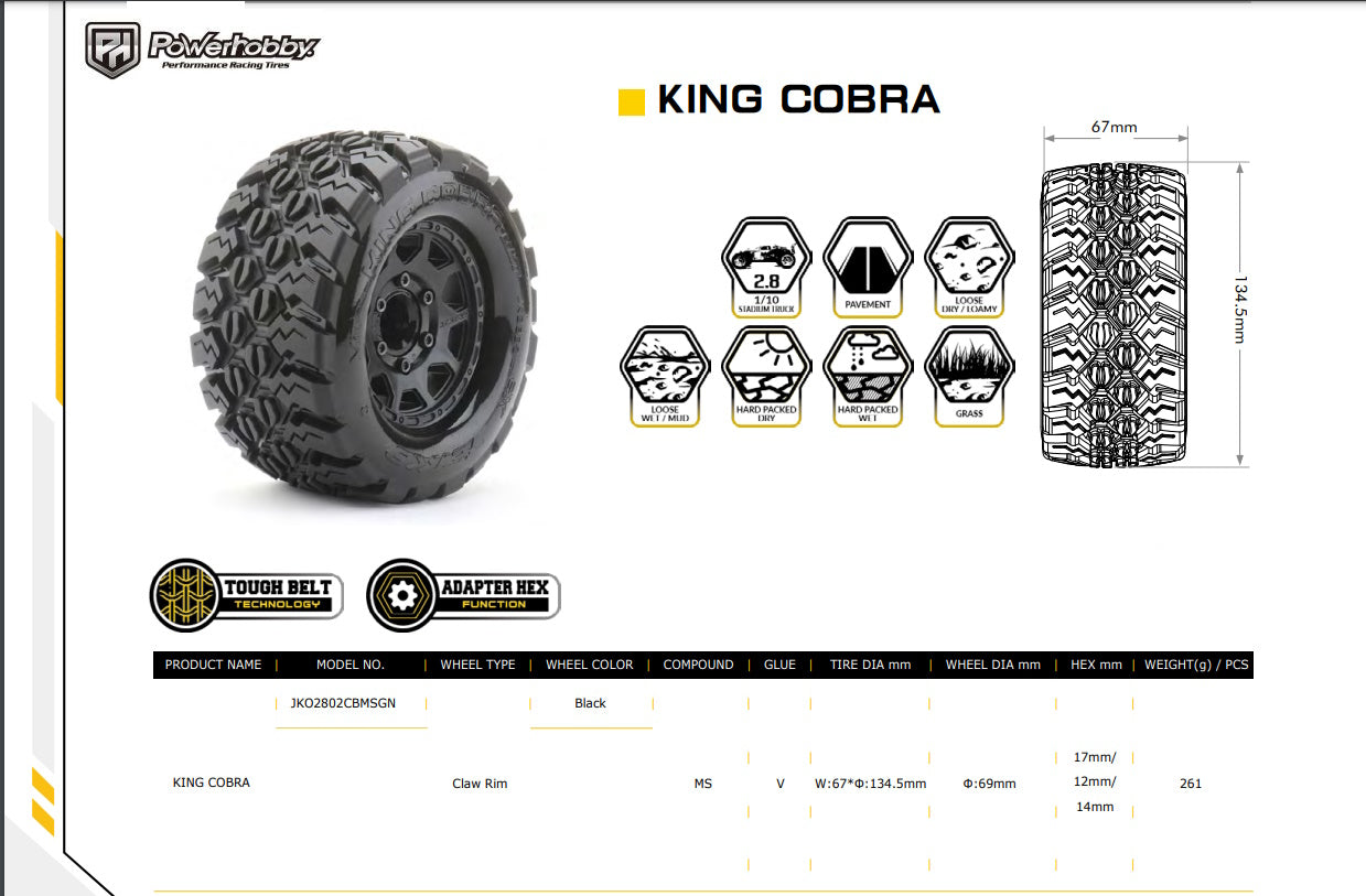 Powerhobby 1/10 2.8 MT King Cobra Belted Tires (2) with Removable Hex Wheels - PowerHobby