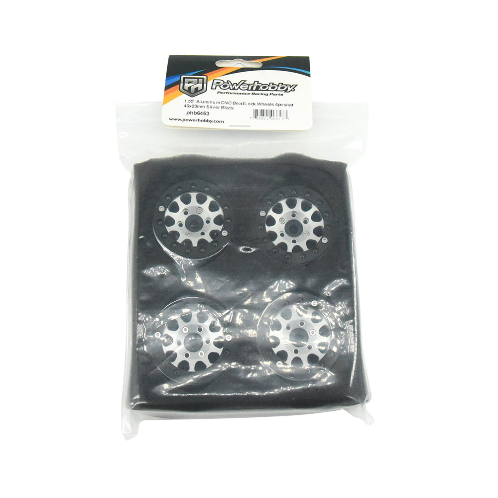 Powerhobby Aluminum 1.55" Beadlock Wheels Silver (4) 1/10 Rock Crawler - PowerHobby