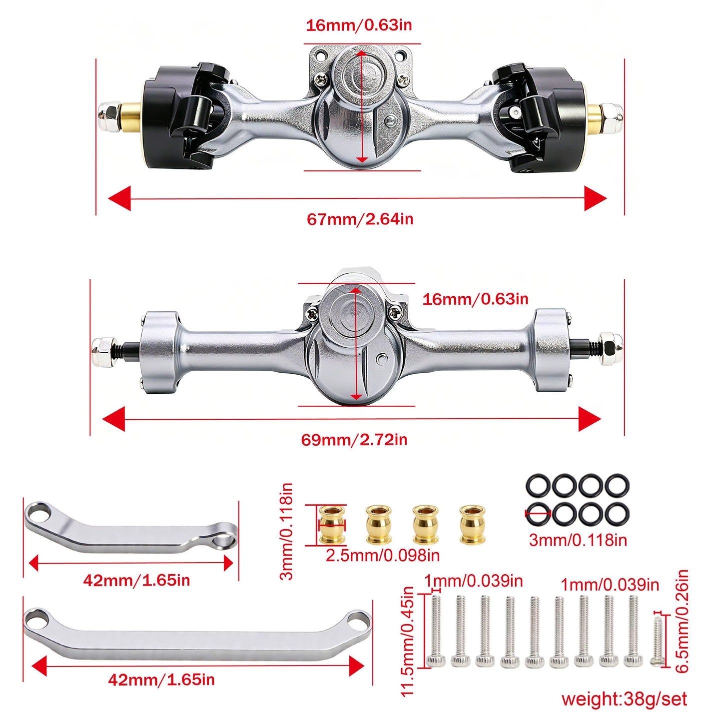 Powerhobby Axial SCX30 Front + Rear Aluminum Complete Axles Silver.