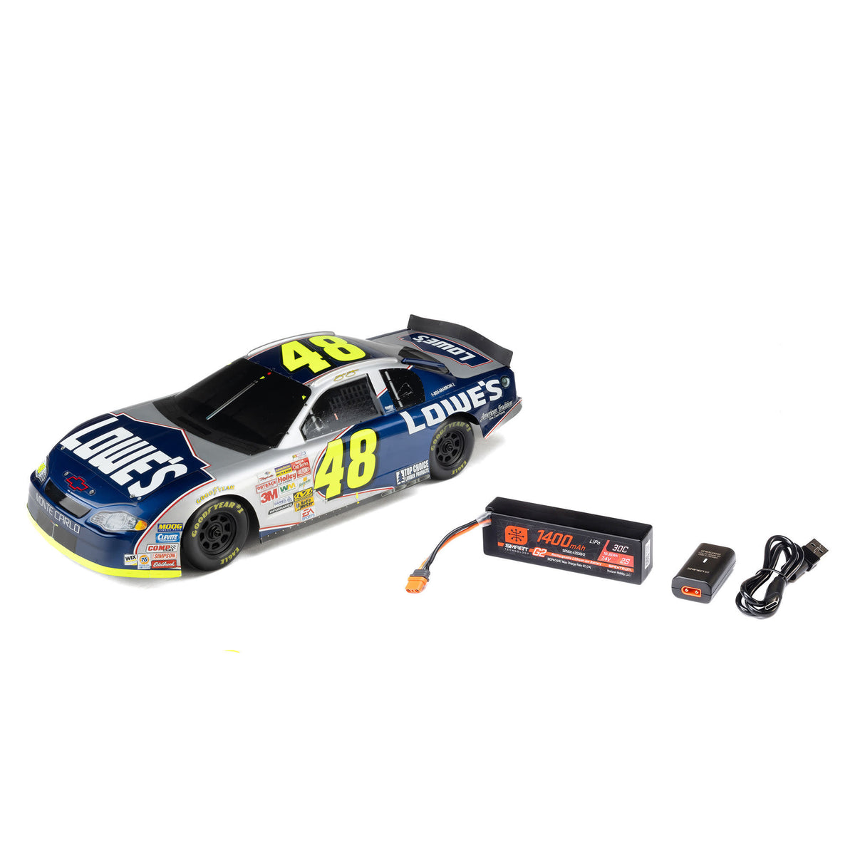 Losi LOS1120248 1/12 NASCAR Jimmie Johnson No. 48 Lowe's Chevrolet Monte Carlo RTR AWD Brushed On-Road Race Car - Blue