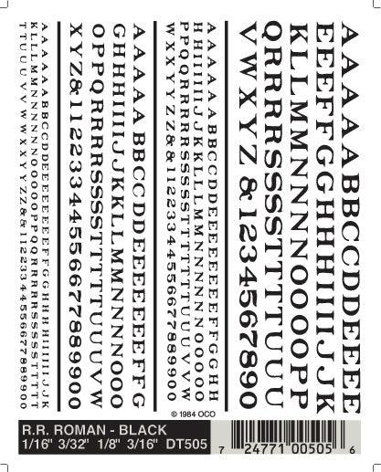 Woodland Scenics DT505 RR Roman Black Decals 1/16-3/16" Train Decal Sheet - PowerHobby