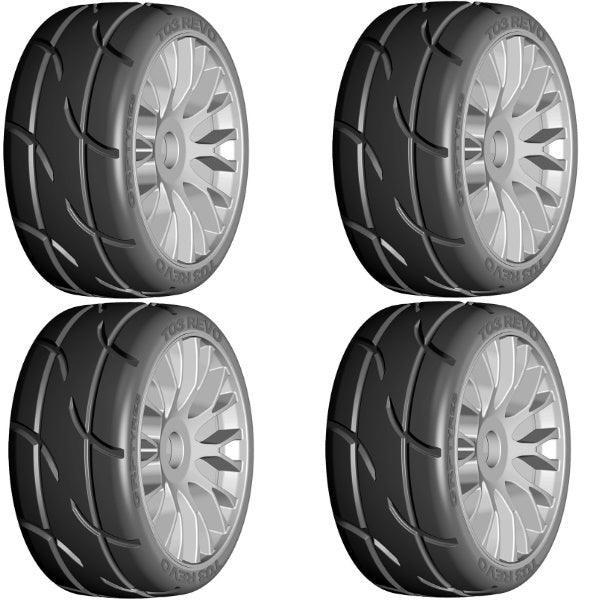 GRP GTK03-XM7 1/8 GT T03 REVO MEDIUMHARD Mounted Tires Wheels (4) Grey - PowerHobby