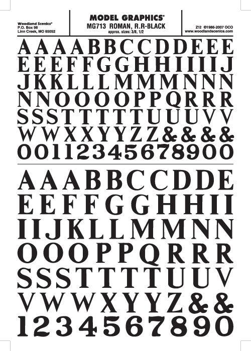 Woodland Scenics MG713 Roman R.R. Letters Black 3/6-1/2" Train Decal Sheet - PowerHobby