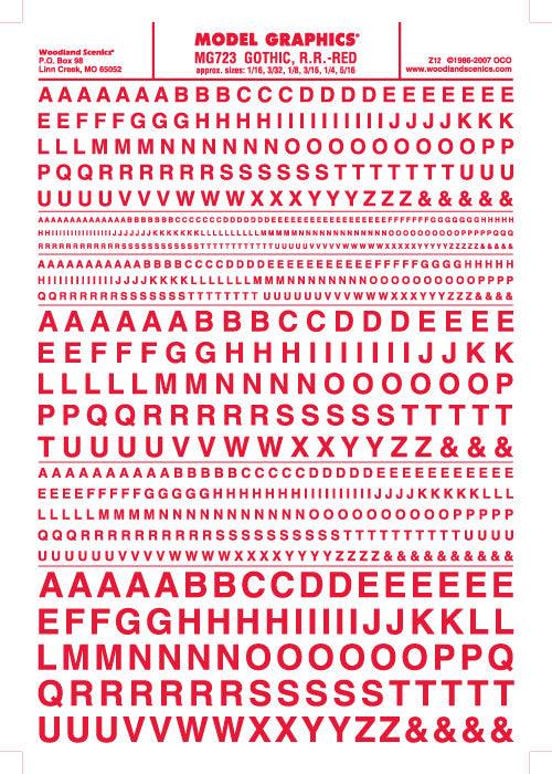 Woodland Scenics MG723 Gothic R.R. Letters Red 1/16-5/16" Train Decal Sheet - PowerHobby