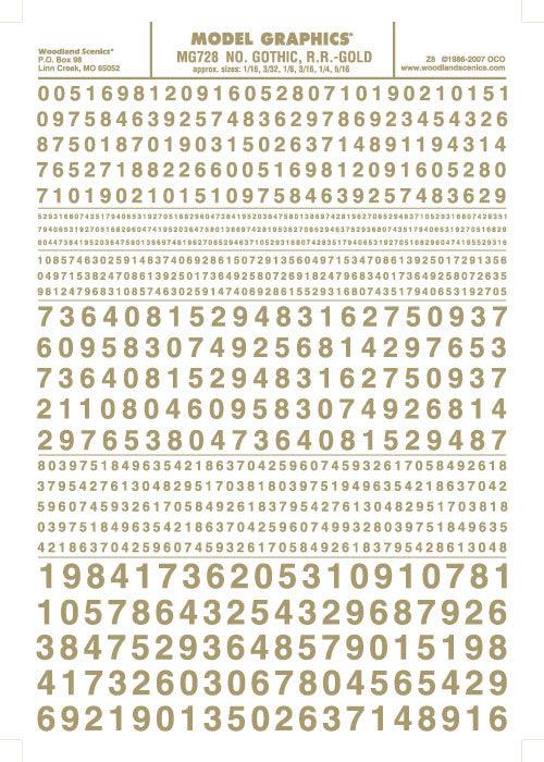 Woodland Scenics MG728 Gothic R.R. Numbers Gold 1/16-5/16"Train Decal Sheet - PowerHobby