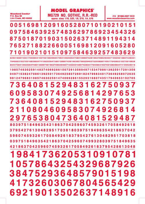 Woodland Scenics MG729 Gothic R.R. Numbers Red 1/16-5/16" Train Decal Sheet - PowerHobby