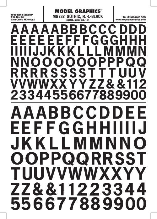 Woodland Scenics MG732 Gothic R.R. Letters Black 3/8-1/2" Train Decal Sheet - PowerHobby