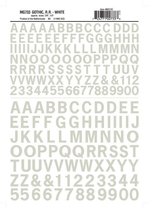 Woodland Scenics MG733 Gothic R.R. Letters White 3/8-1/2" Train Decal Sheet - PowerHobby