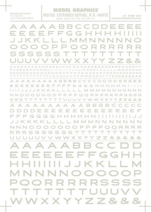 Woodland Scenics MG735 Ext Gothic RR Letters White 1/16-1/4" Train Decal Sheet - PowerHobby