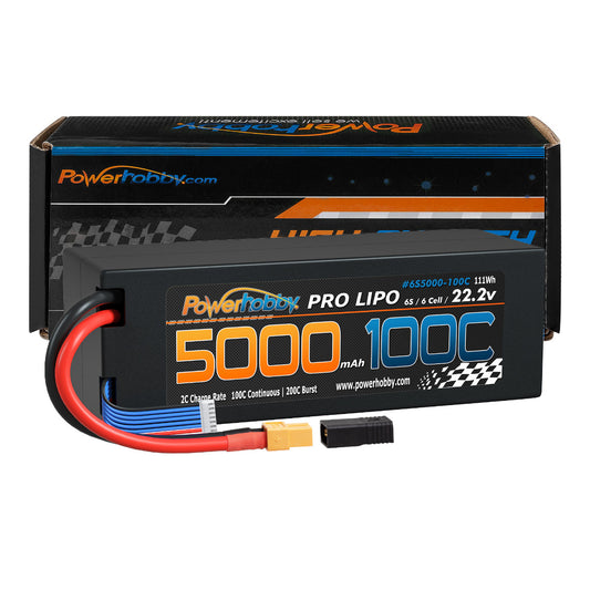 Powerhobby 6s 22.2v 5000mah 100c Lipo Battery w XT60 + Adapter Hard Case 6-Cell - PowerHobby