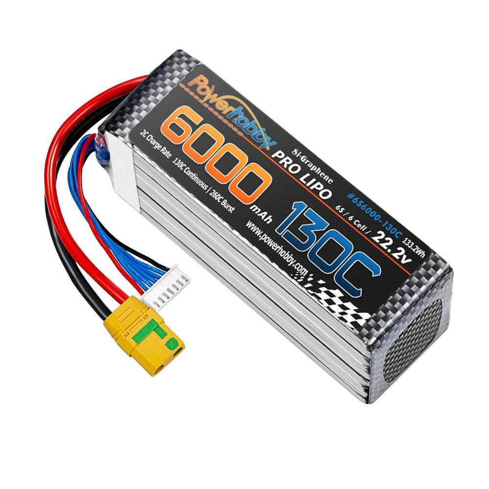 Powerhobby 6s 22.2V 6000mah 130C-260C Lipo Battery With XT90 Plug 6-Cell - PowerHobby