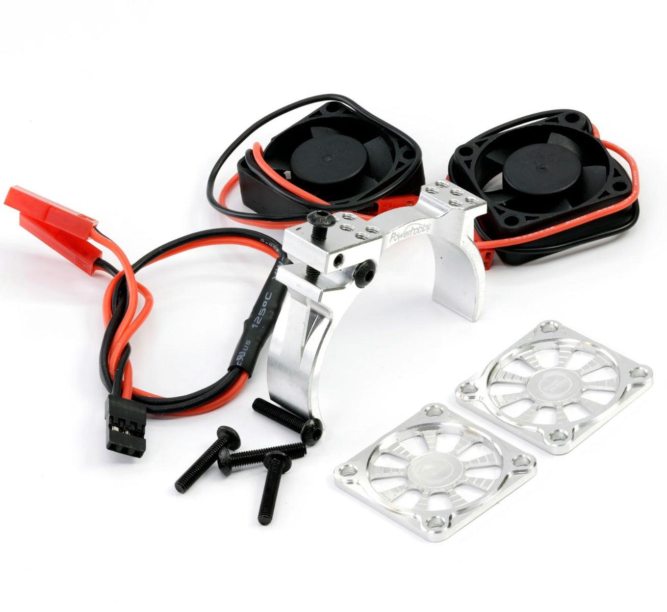 Powerhobby 1/10 Aluminum Heatsink Mount 30mm Twin Turbo Cooling Fans 28K Silver - PowerHobby