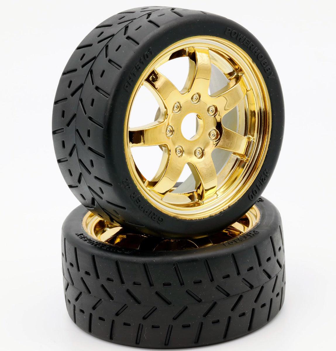 Powerhobby 1/8 Gripper 42/100 Belted Mounted Tires 17mm Gold Wheels - PowerHobby
