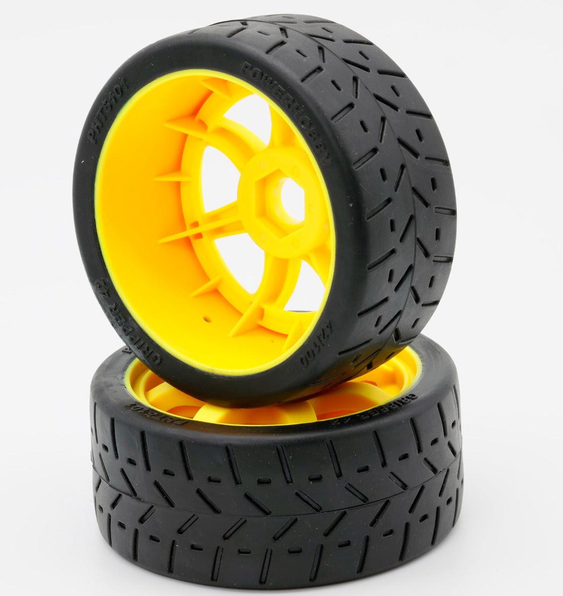 Powerhobby 1/8 Gripper 42/100 Belted Mounted Tires 17mm Yellow Wheels - PowerHobby