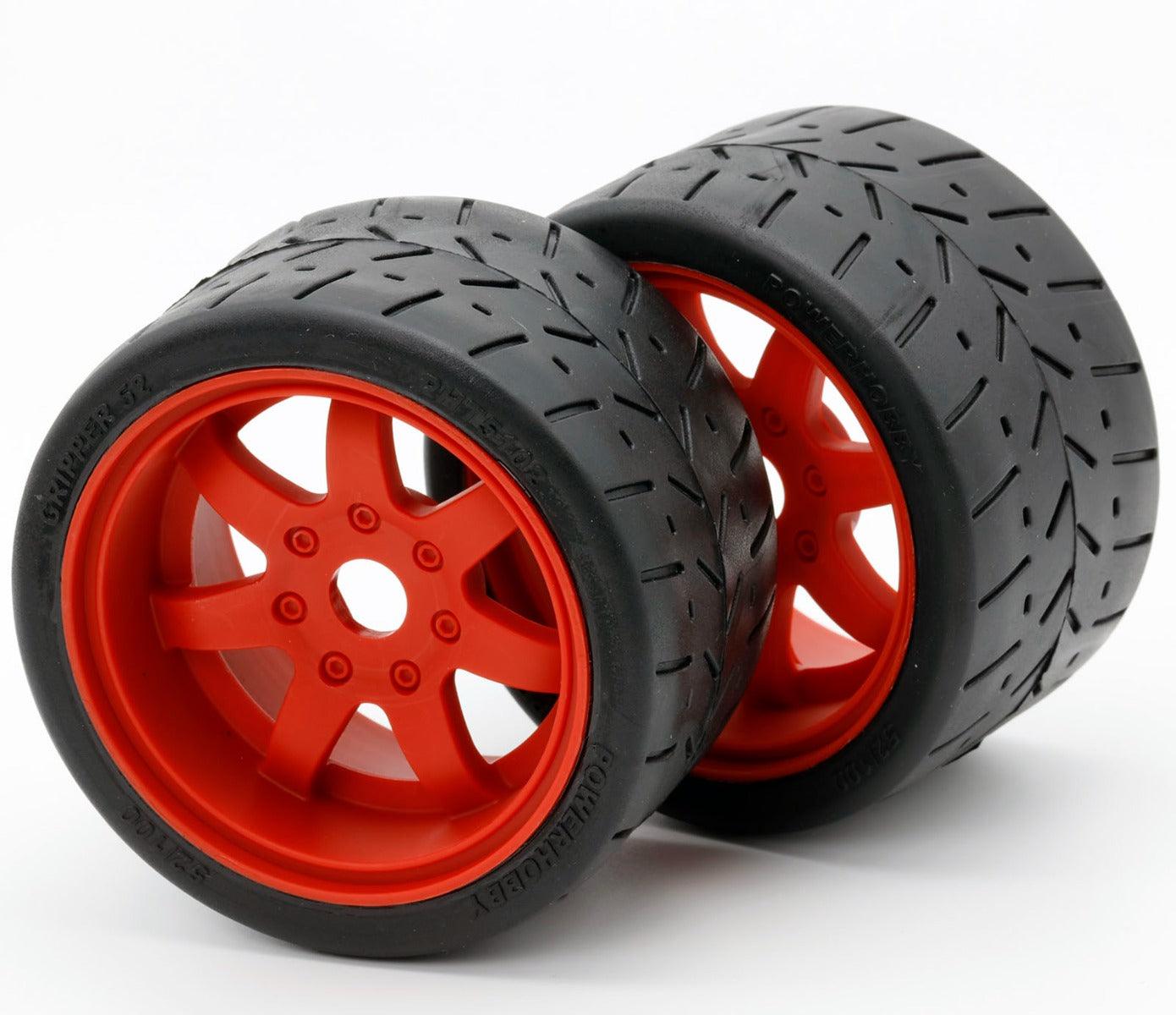 Powerhobby 1/8 Gripper 54/100 Belted Mounted Tires 17mm Red Wheels - PowerHobby