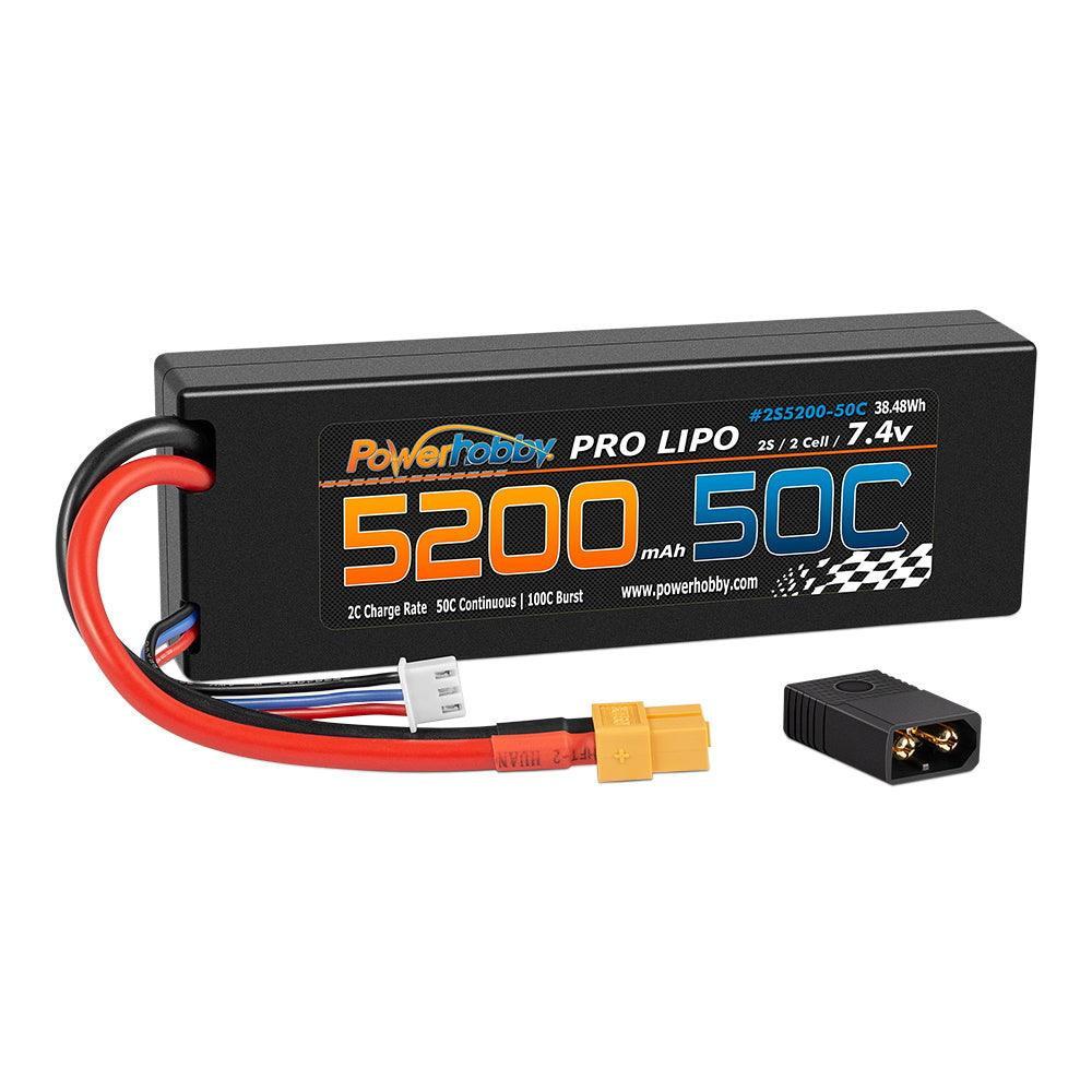 Powerhobby 2s 7.4v 5200mah 50c Lipo Battery w XT60 Plug + Adapter - PowerHobby