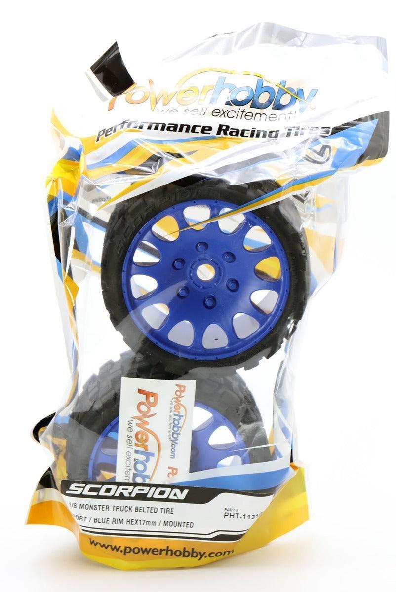 Powerhobby Scorpion Belted Monster Truck Tires / Wheels w 17mm Hex (2) BLUE - PowerHobby
