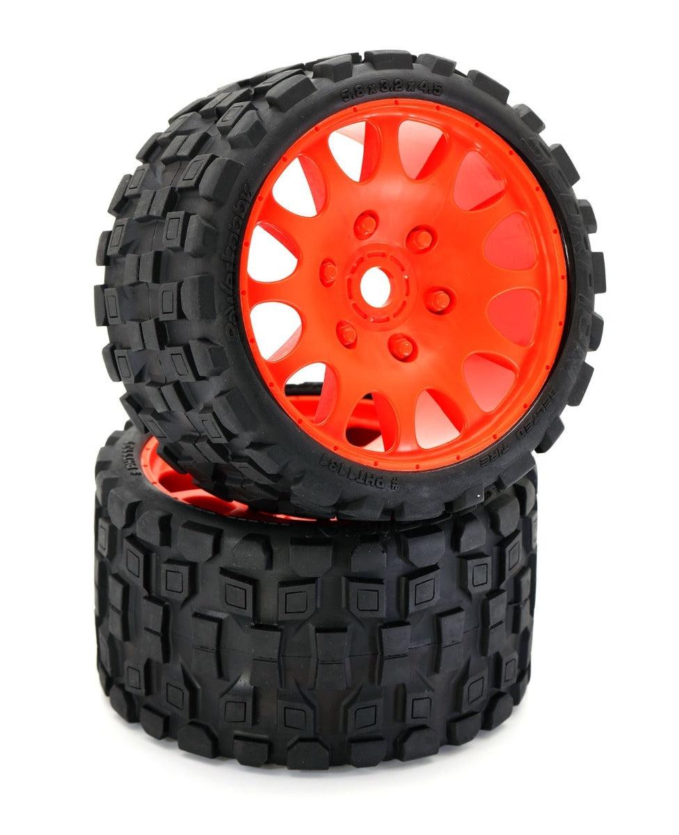 Powerhobby Scorpion Belted Monster Truck Tires / Wheels w 17mm Hex (2) ORANGE - PowerHobby