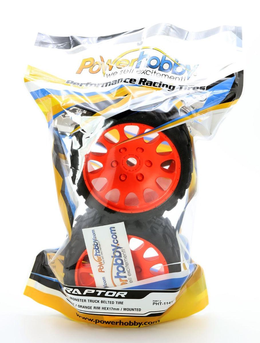 Powerhobby Raptor Belted Monster Truck Tires Wheels w 17mm Hex (2) Sport ORANGE - PowerHobby