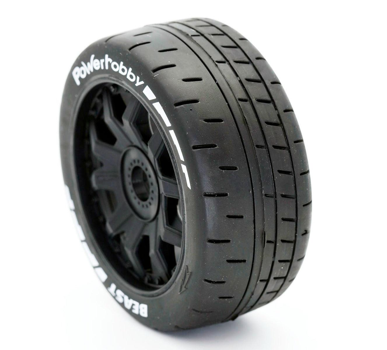 Powerhobby 1/8 GT Beast Belted Mounted Tires 17mm Medium Black Wheels - PowerHobby