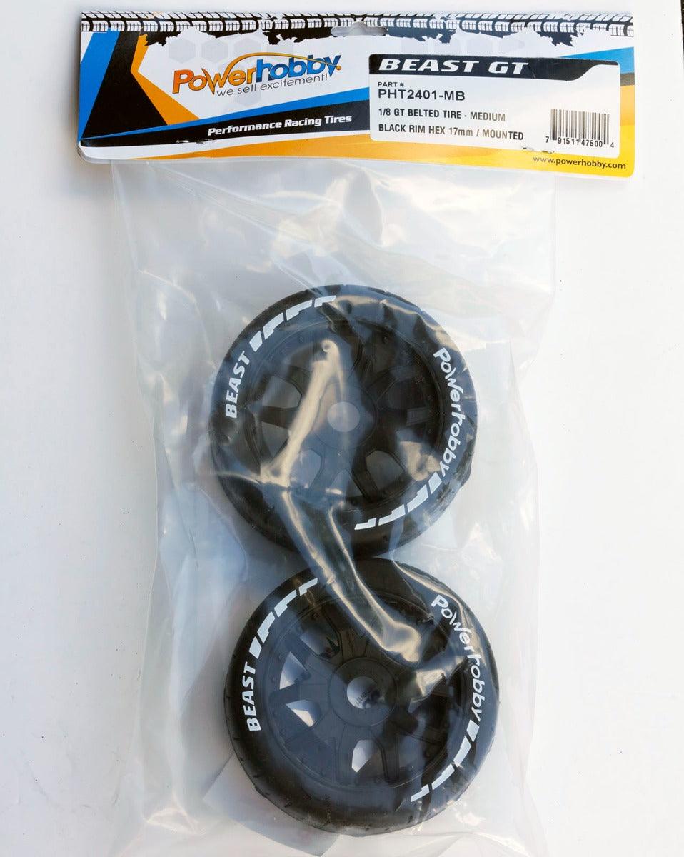 Powerhobby 1/8 GT Beast Belted Mounted Tires 17mm Medium Black Wheels - PowerHobby