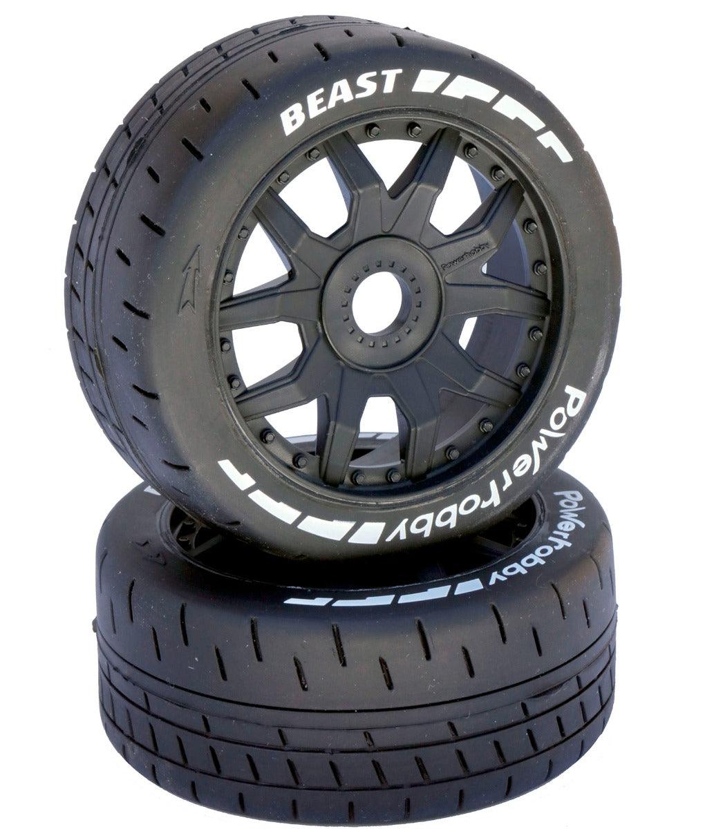 Powerhobby 1/8 GT Beast Belted Mounted Tires 17mm Medium Black Wheels - PowerHobby