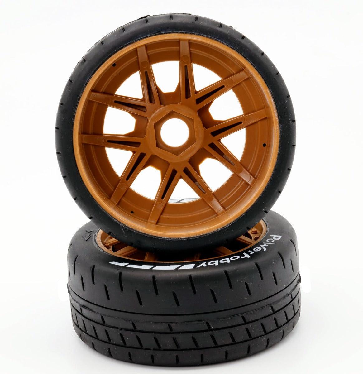 Powerhobby 1/8 GT Beast Belted Mounted Tires 17mm Medium Brown Wheels - PowerHobby
