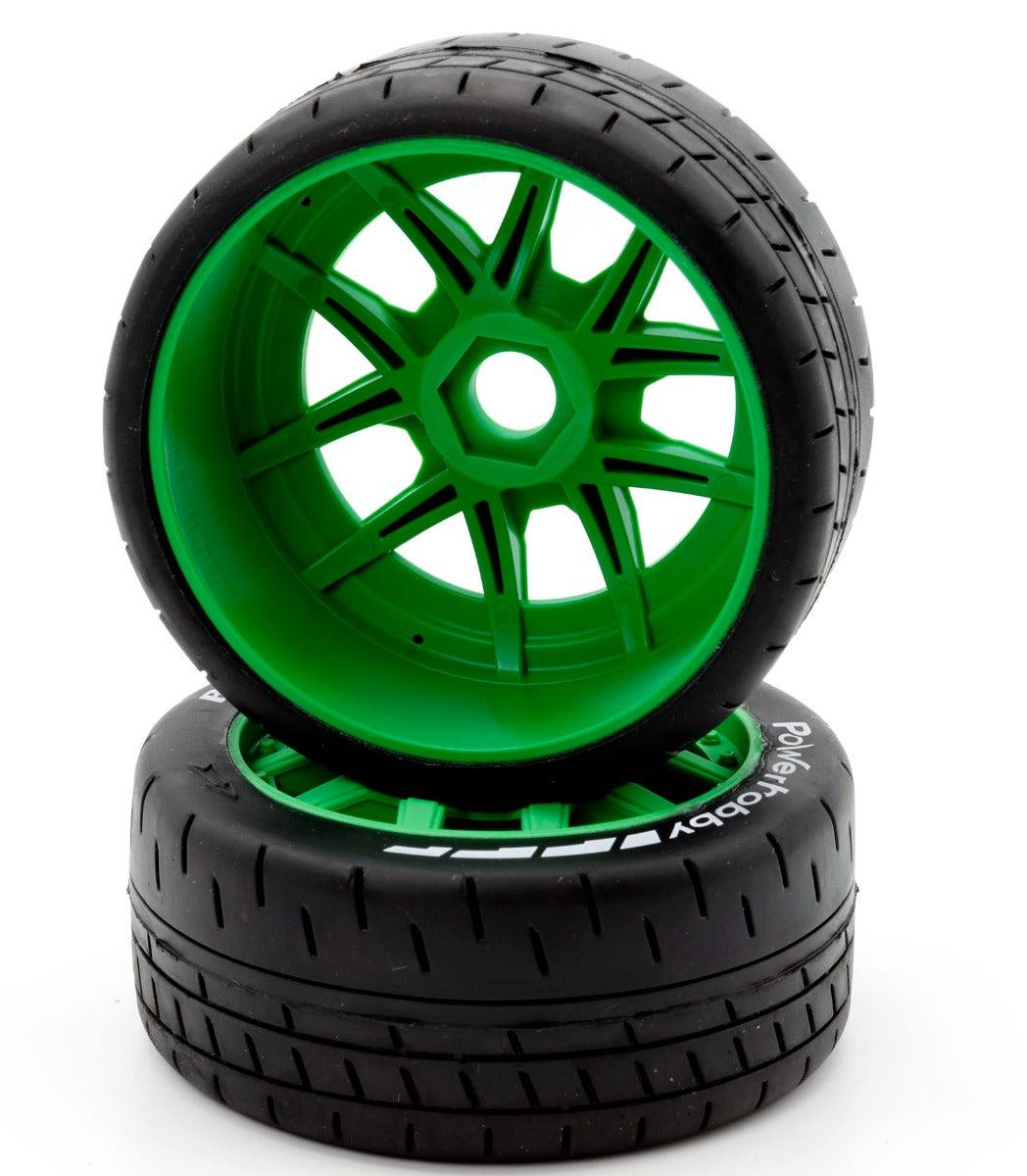 Powerhobby 1/8 GT Beast Belted Mounted Tires 17mm Medium Green Wheels - PowerHobby