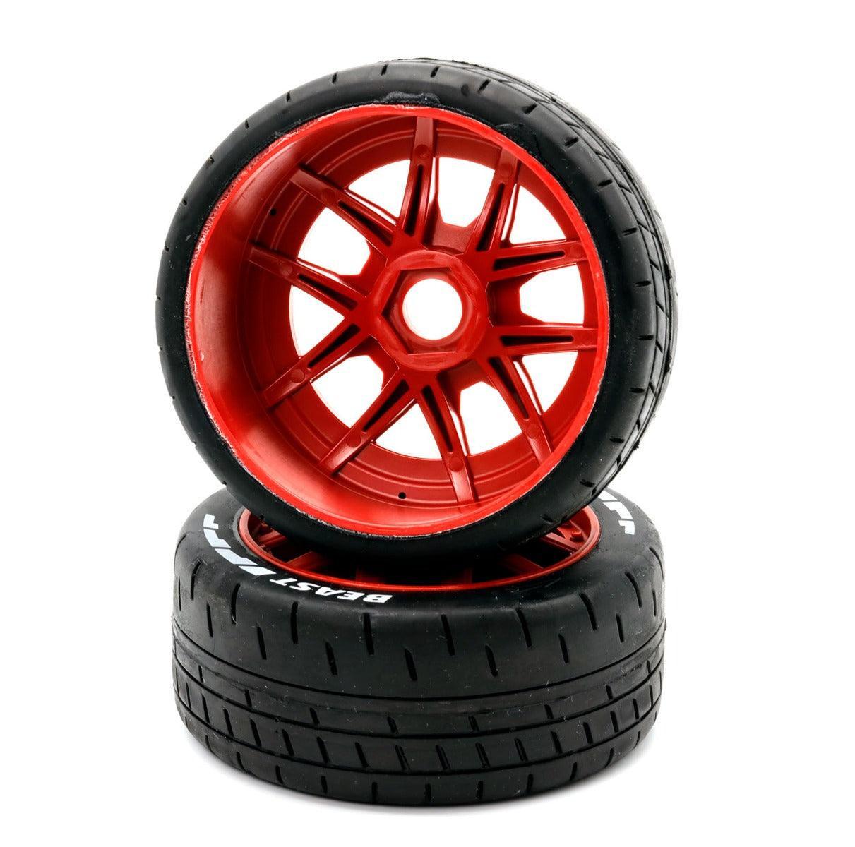 Powerhobby 1/8 GT Beast Belted Mounted Tires 17mm Soft Red Wheels - PowerHobby