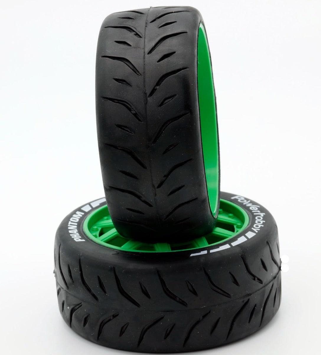 Powerhobby 1/8 GT Phantom Belted Mounted Tires 17mm Medium Green Wheels - PowerHobby