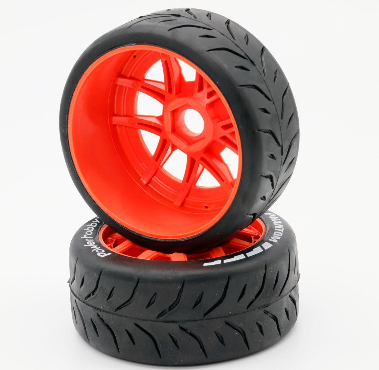 Powerhobby 1/8 GT Phantom Belted Mounted Tires 17mm Medium Orange Wheels - PowerHobby