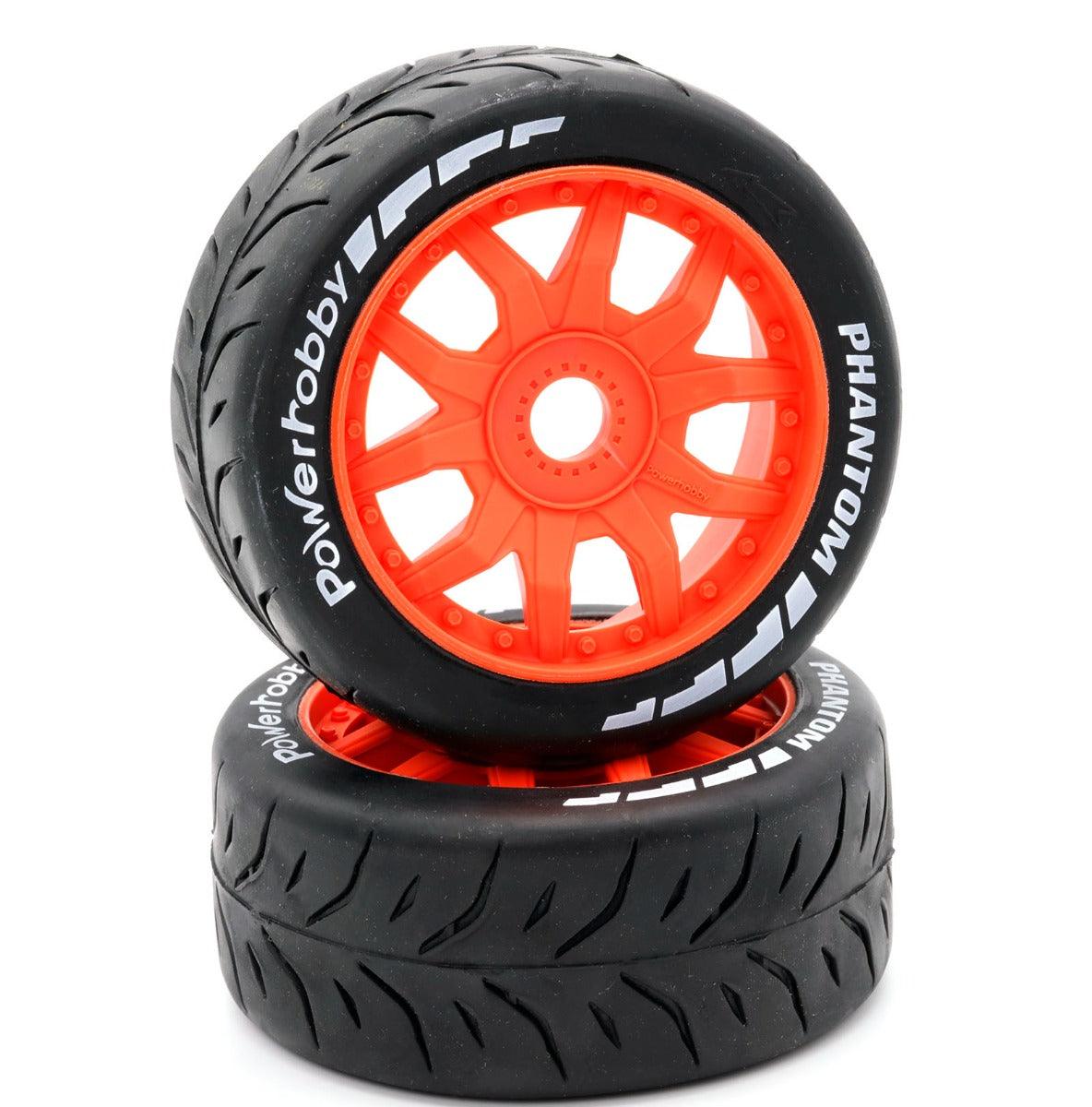 Powerhobby 1/8 GT Phantom Belted Mounted Tires 17mm Medium Orange Wheels - PowerHobby