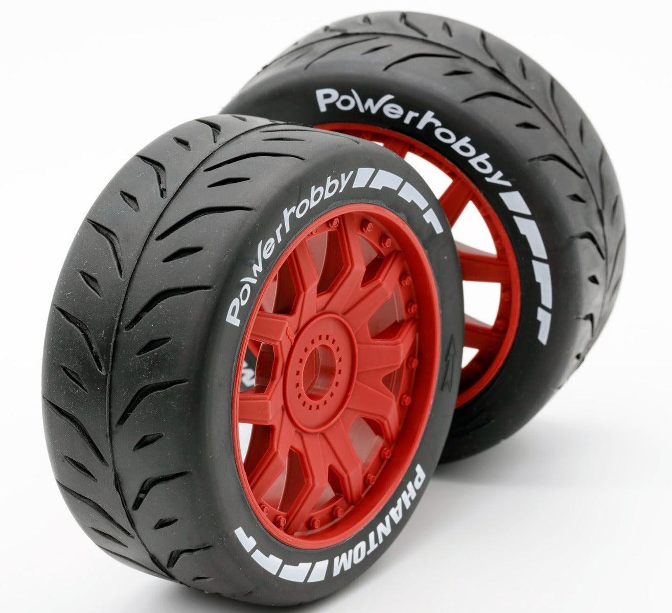 Powerhobby 1/8 GT Phantom Belted Mounted Tires 17mm Soft Red Wheels - PowerHobby