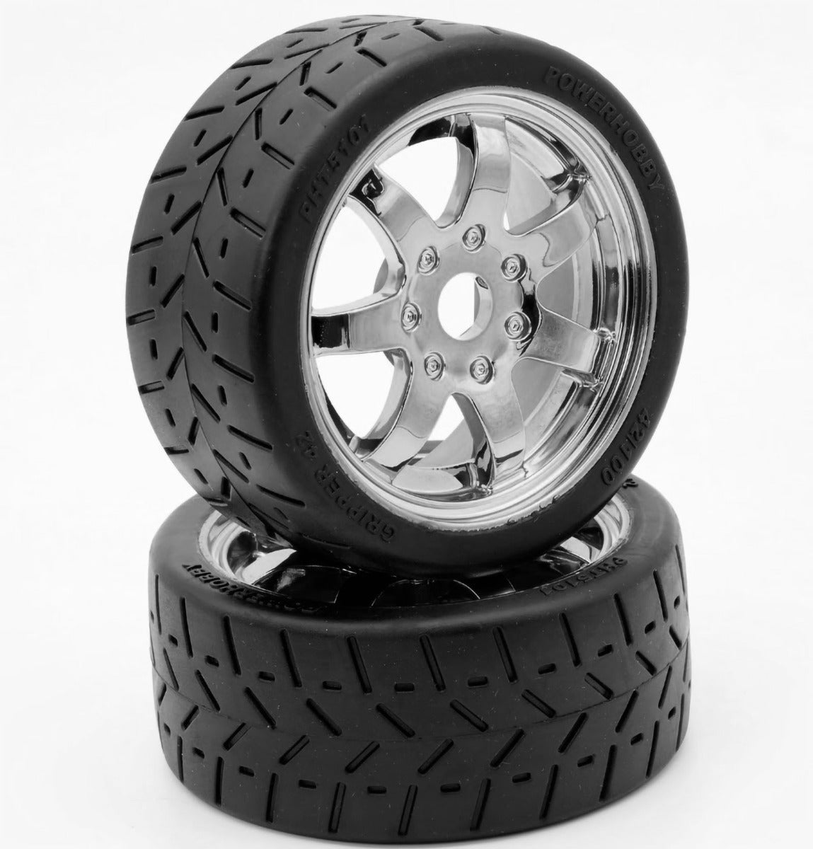 Powerhobby 1/8 Gripper 42/100 Belted Mounted Tires 17mm Chrome Wheels - PowerHobby